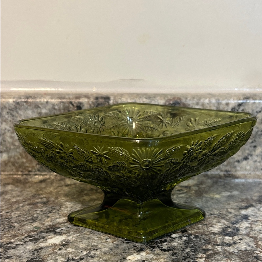 Vintage Green Glass Floral Pedestal Bowl